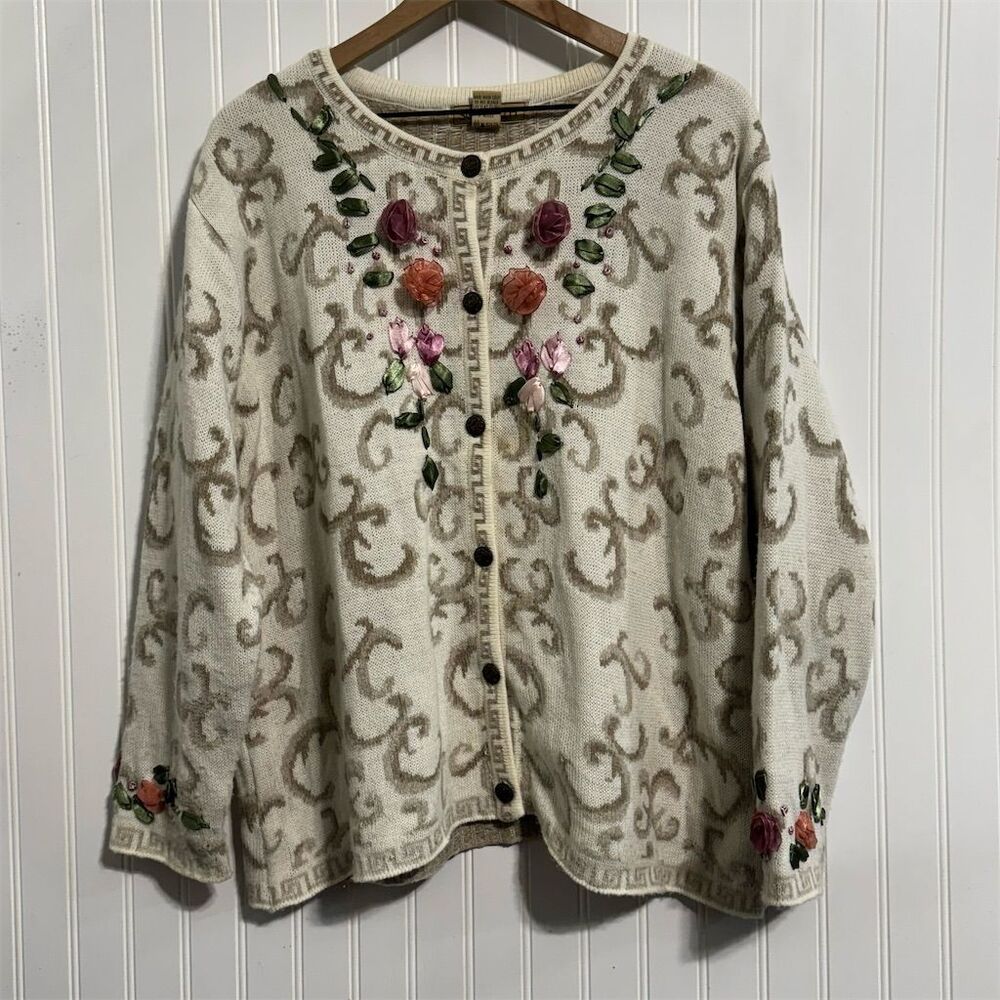 VTG So Forth Cardigan 1X Plus Ribbon Floral Embroidery‎ Wool Blend Grandmacore